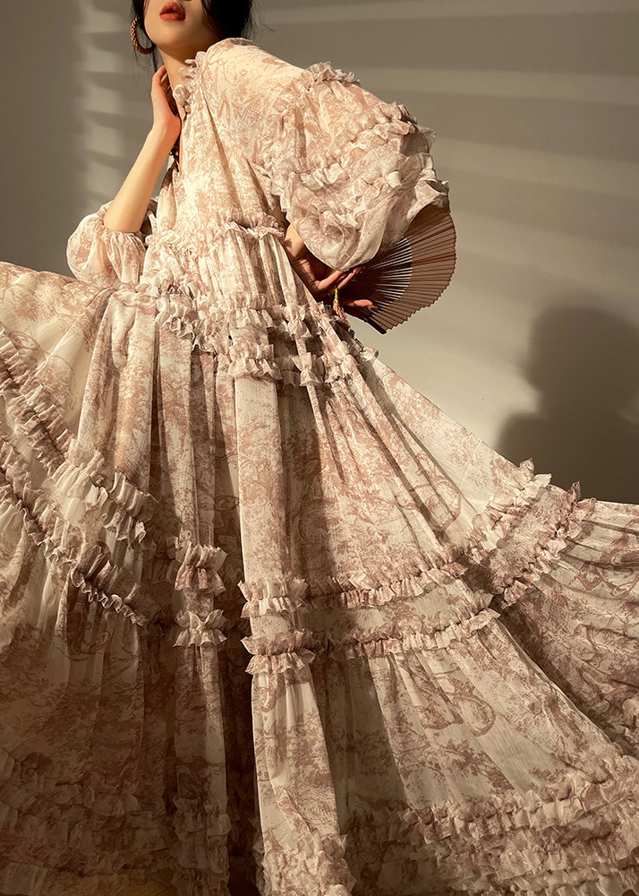 Toile Print Chiffon Puff Sleeve Ruffle Tiered Maxi Dress