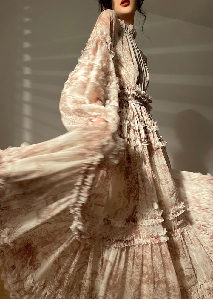 Classy V Neck Ruffles Print Chiffon Long Dresses Long Sleeve 2