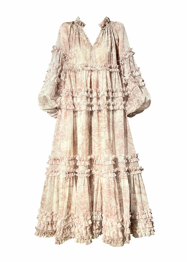 Classy V Neck Ruffles Print Chiffon Long Dresses Long Sleeve 5