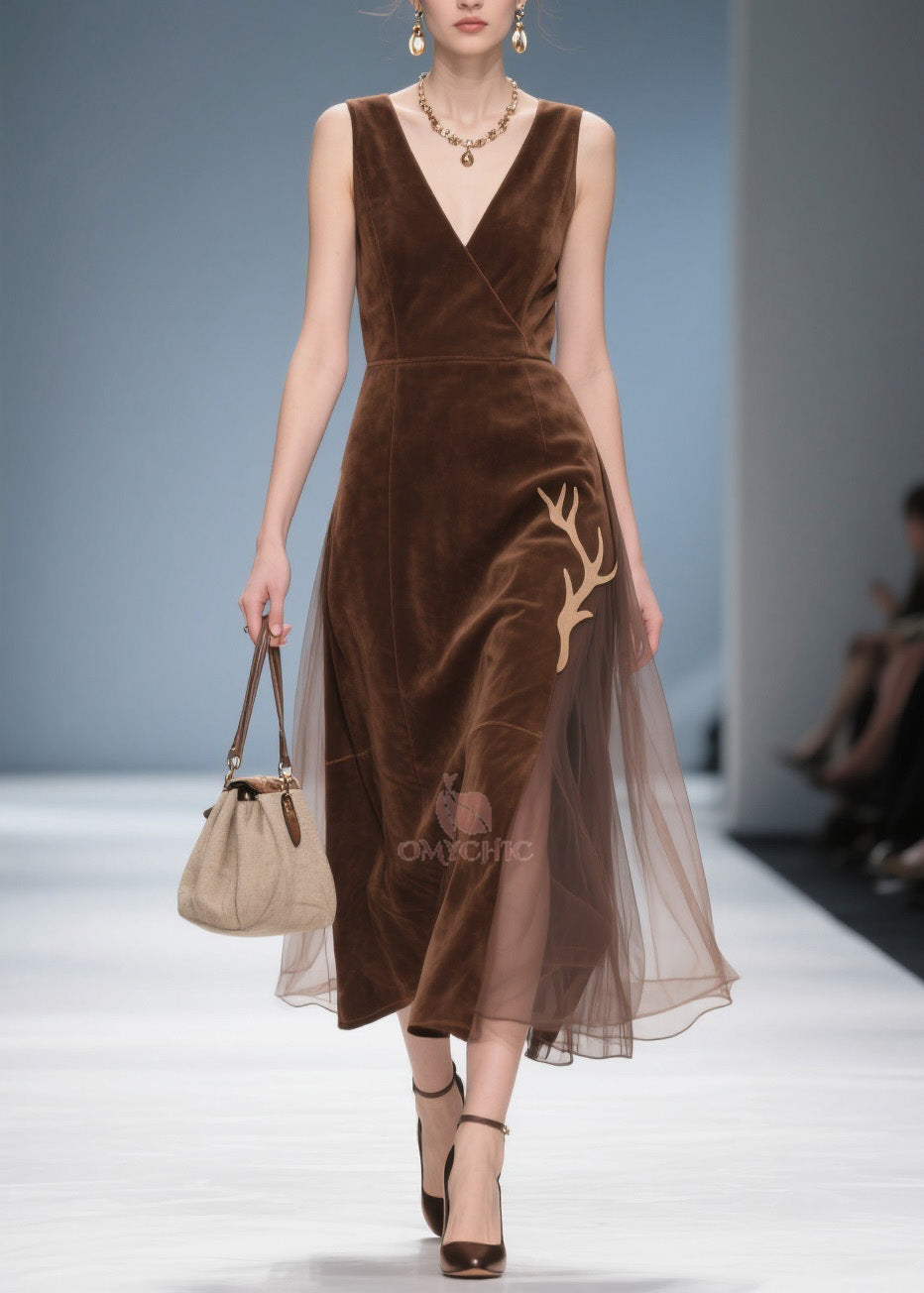 Deep V-Neck Wrap Sleeveless Velvet Antler Applique Tulle Side Panel Midi Dress