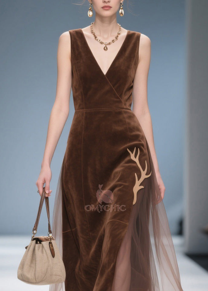 Deep V-Neck Wrap Sleeveless Velvet Antler Applique Tulle Side Panel Midi Dress