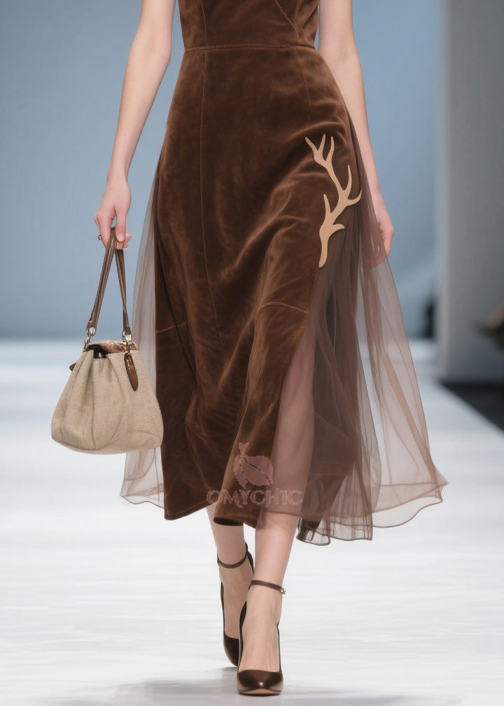 Deep V-Neck Wrap Sleeveless Velvet Antler Applique Tulle Side Panel Midi Dress
