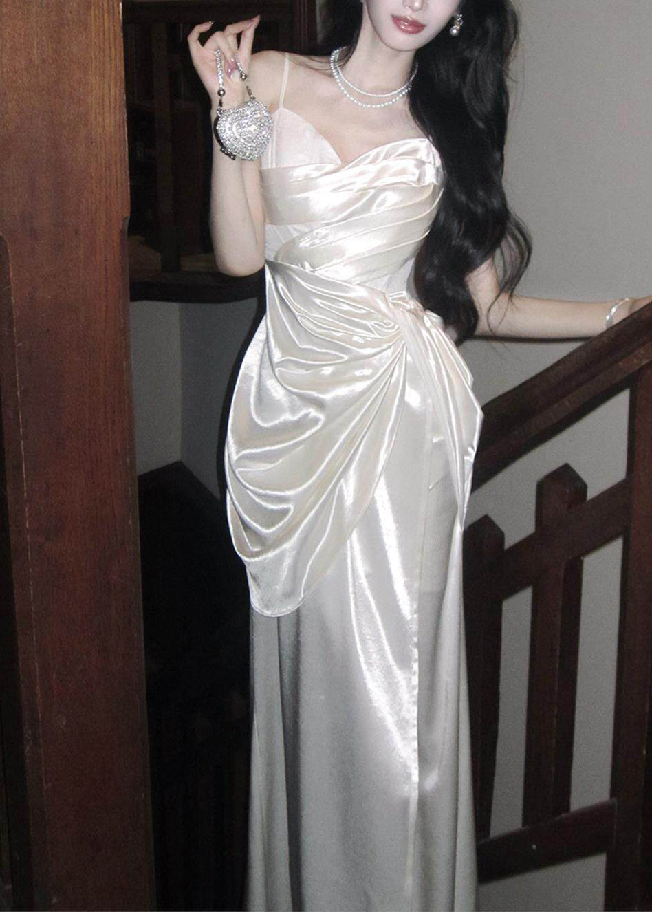 Classy White Cinched Satin Maxi Spaghetti Strap Dress Summer