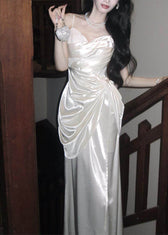 Classy White Cinched Satin Maxi Spaghetti Strap Dress Summer