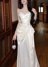 Classy White Cinched Satin Maxi Spaghetti Strap Dress Summer 2