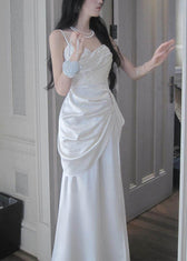Classy White Cinched Satin Maxi Spaghetti Strap Dress Summer 4