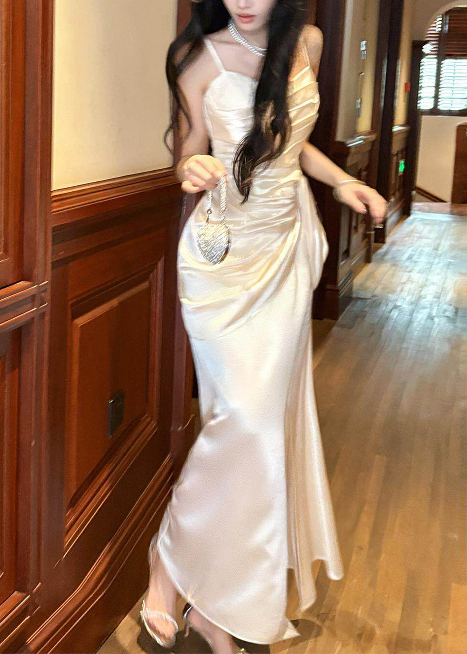 Classy White Cinched Satin Maxi Spaghetti Strap Dress Summer 5