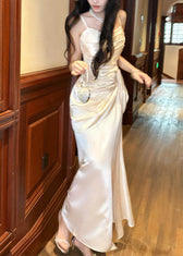 Classy White Cinched Satin Maxi Spaghetti Strap Dress Summer 5