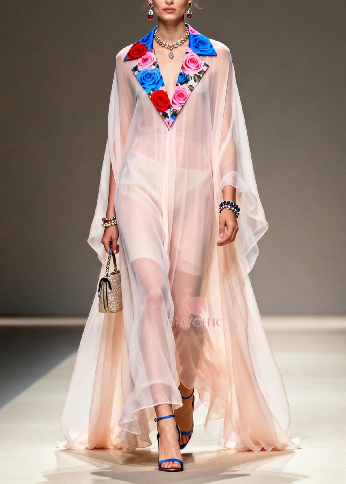 Deep V-Neck Cape Sleeve Floral Collar Chiffon Maxi Dress - View 3