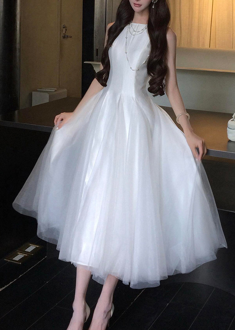 Satin Tulle Overlay Round Neck Sleeveless Layered A-Line Midi Dress