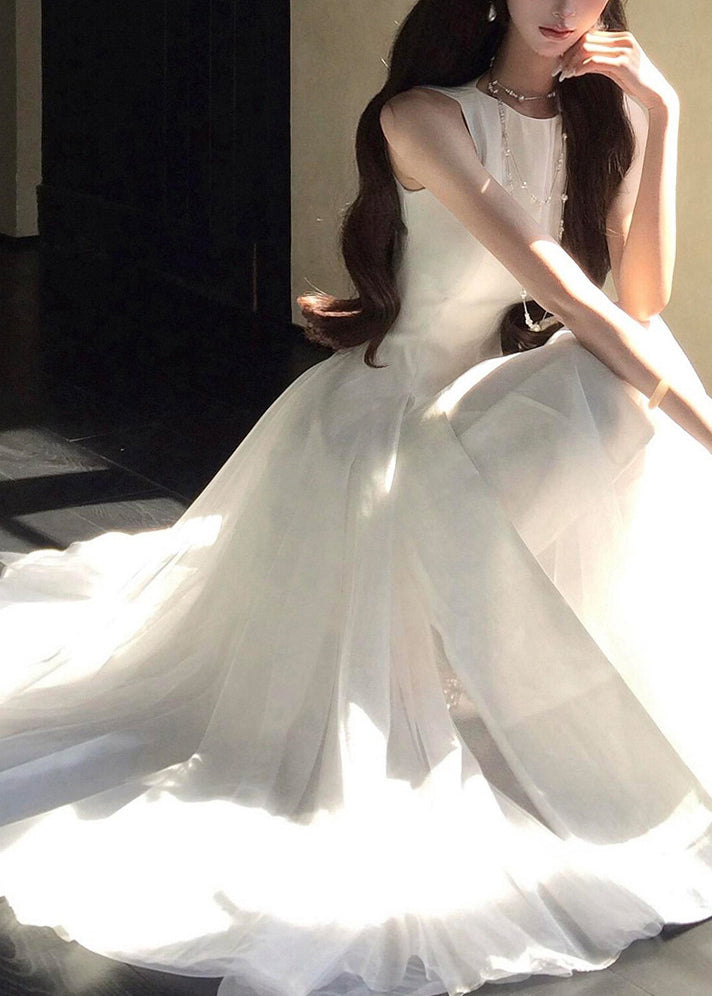 Satin Tulle Overlay Round Neck Sleeveless Layered A-Line Midi Dress