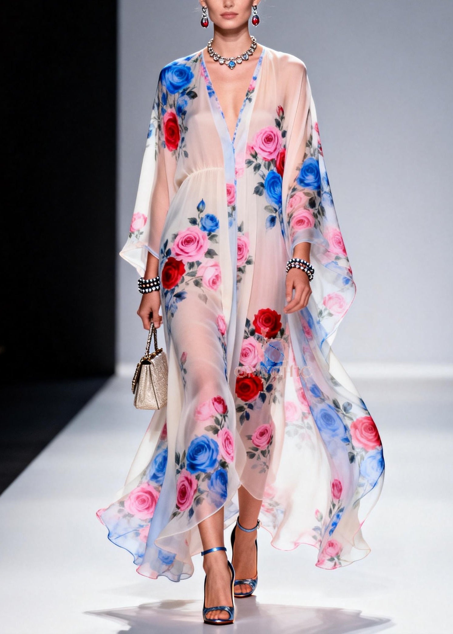 Classy White Oversized Floral Print Chiffon Sheer Dresses Summer