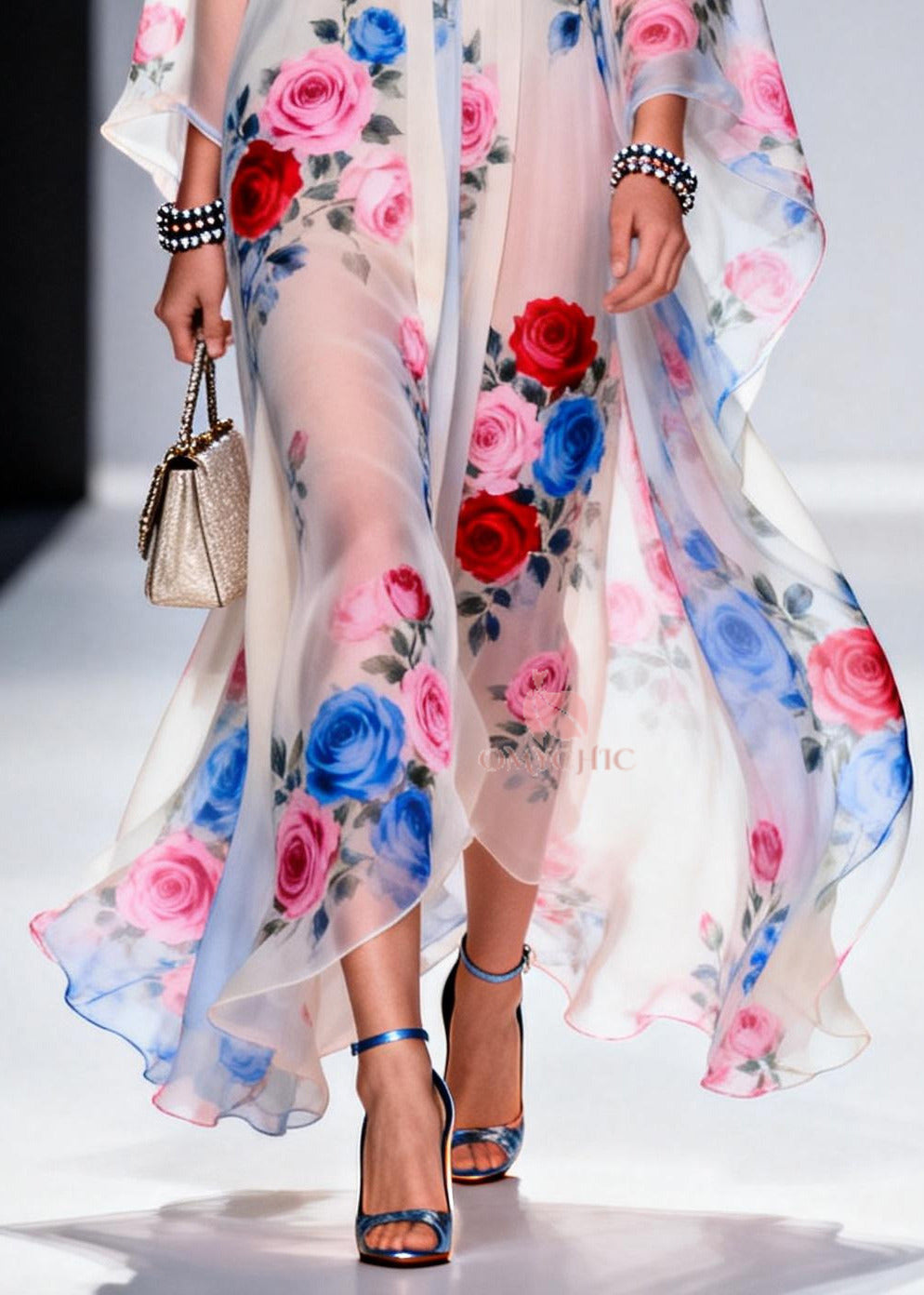Floral Print Deep V-Neck Empire Waist Kimono Sleeve Sheer Chiffon Maxi Gown
