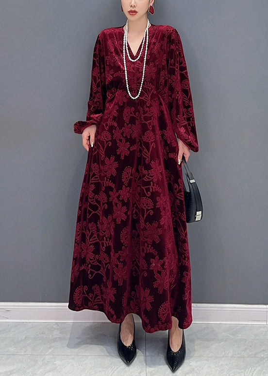 Velvet Embossed Floral Deep V-Neck Balloon Sleeve Pocket Maxi Dress