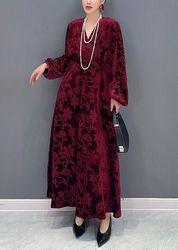 Velvet Embossed Floral Deep V-Neck Balloon Sleeve Pocket Maxi Dress
