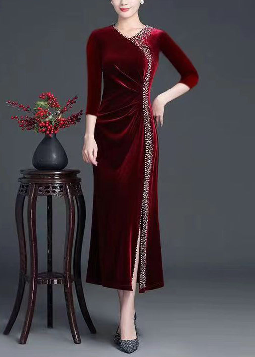 Velvet V-Neck Three Quarter Sleeve Rhinestone Trim High Split Maxi Gown