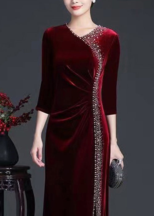 Velvet V-Neck Three Quarter Sleeve Rhinestone Trim High Split Maxi Gown