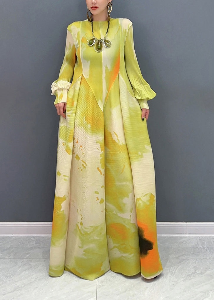 Classy Yellow Print Patchwork Chiffon Long Dress Puff Sleeve - View 2