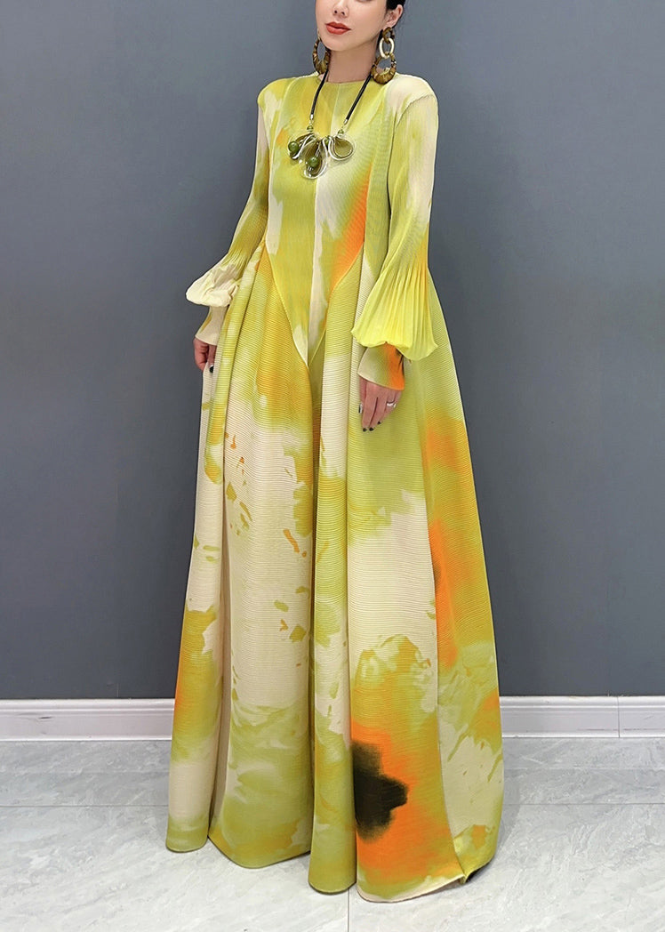 Classy Yellow Print Patchwork Chiffon Long Dress Puff Sleeve - View 3