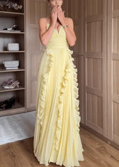Classy Yellow V Neck Ruffled High Waist Chiffon Spaghetti Strap Dress Sleeveless 2