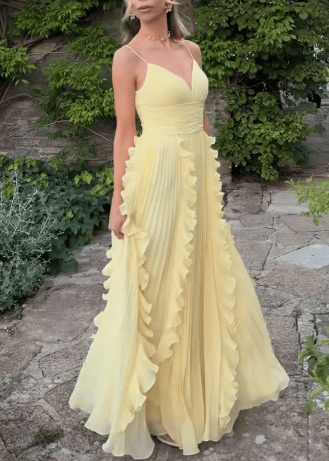 Classy Yellow V Neck Ruffled High Waist Chiffon Spaghetti Strap Dress Sleeveless 3