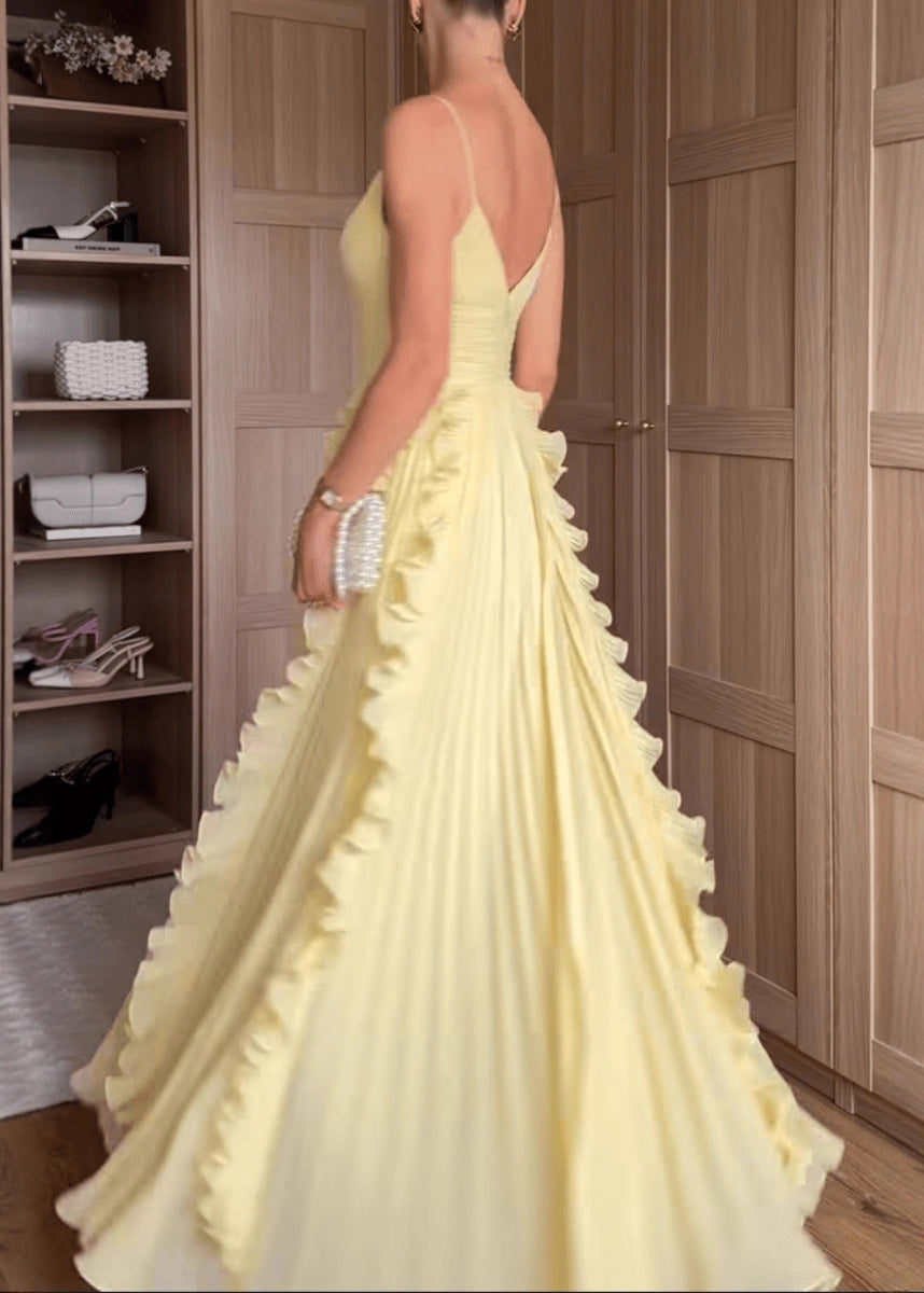 Classy Yellow V Neck Ruffled High Waist Chiffon Spaghetti Strap Dress Sleeveless 4