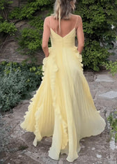 Classy Yellow V Neck Ruffled High Waist Chiffon Spaghetti Strap Dress Sleeveless 5