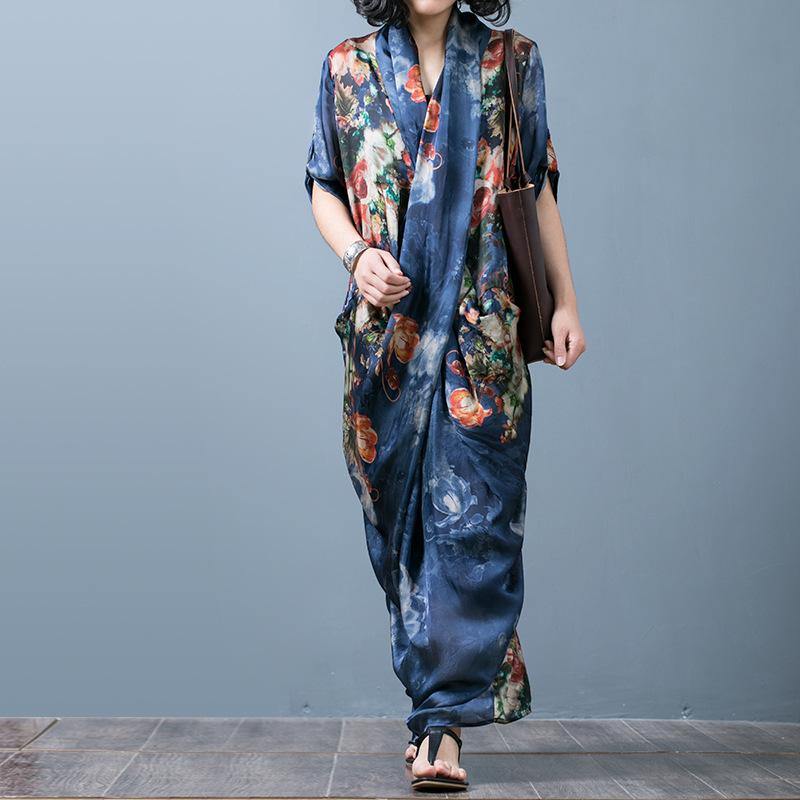 Floral Print Wrap V-Neck Patch Pocket Oversized Maxi Dress