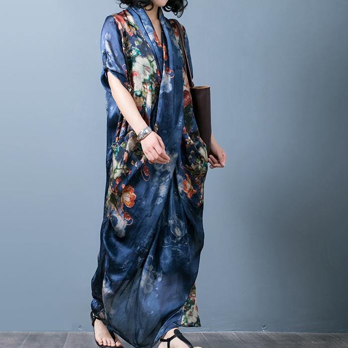 Floral Print Wrap V-Neck Patch Pocket Oversized Maxi Dress