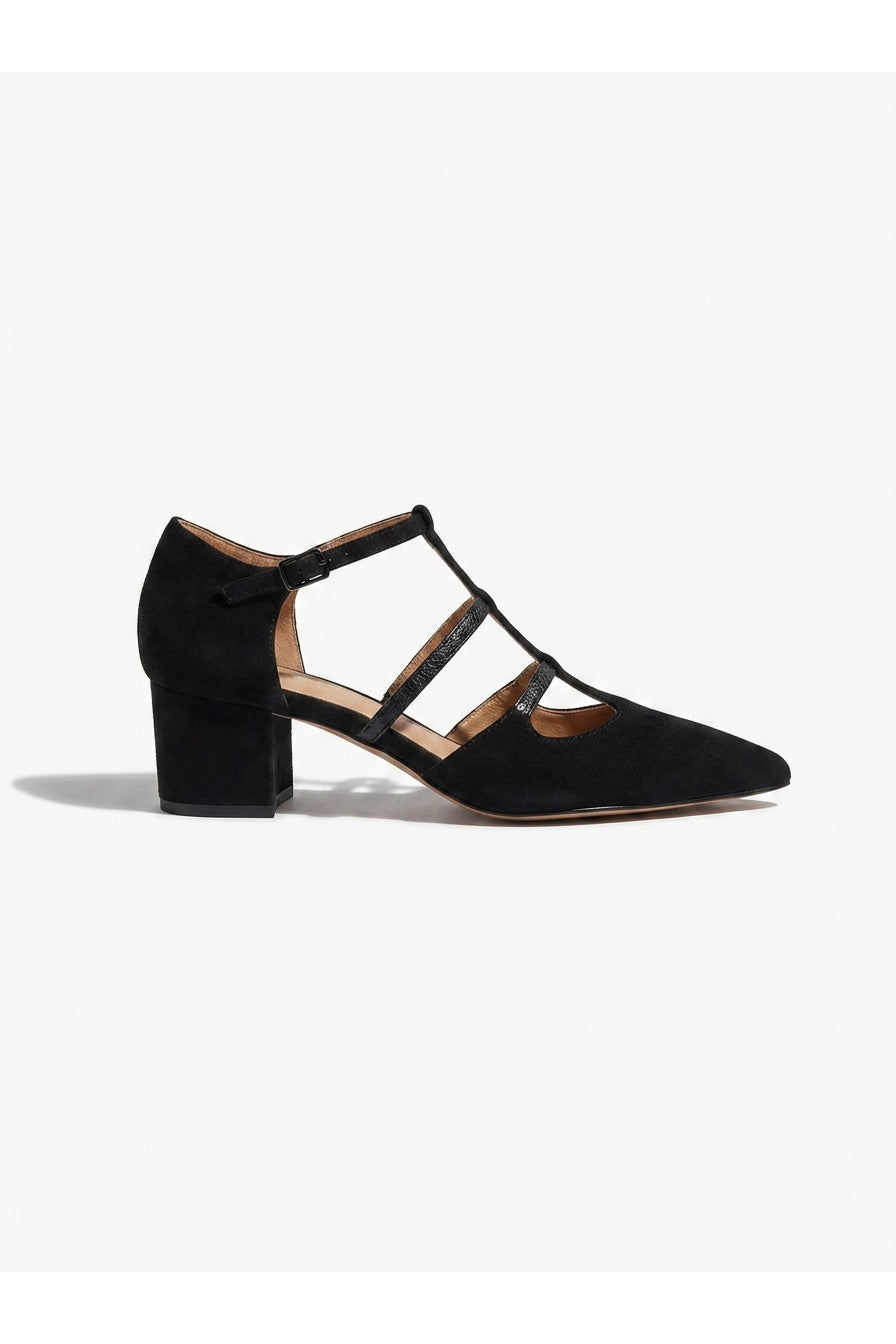 Suede Look Pointed Toe T-Strap Block Heel Pumps