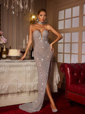 Strapless Rhinestone Split Maxi Dress