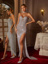 Strapless Rhinestone Split Maxi Dress - View 5