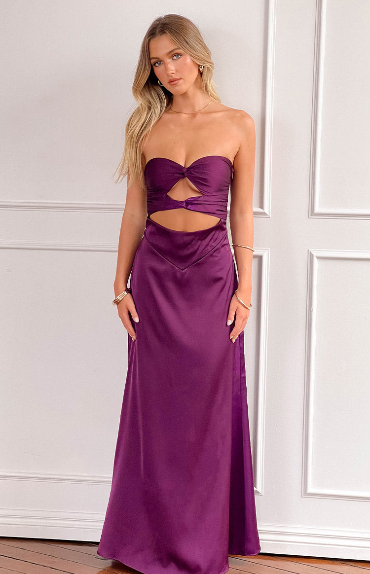 Satin Strapless Twist Front Cut Out Waist Maxi Dress