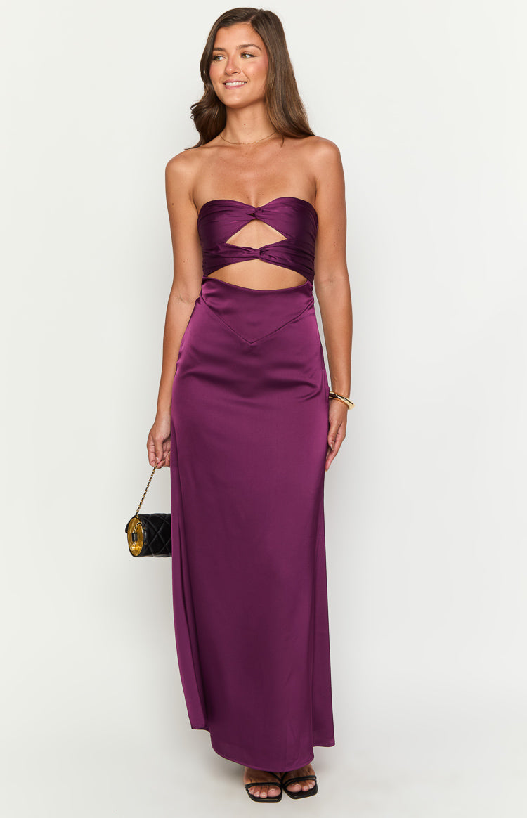 Satin Strapless Twist Front Cut Out Waist Maxi Dress 3