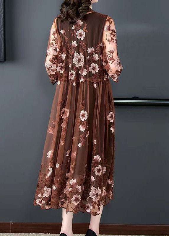 Lace Trim V-Neck Midi Dress Floral Embroidered Tulle Coat Two-Piece Set