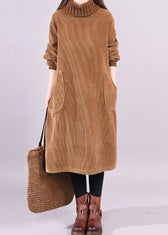 High Neck Long Sleeve Pocket Corduroy Midi Dress 2