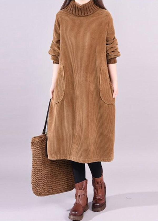 High Neck Long Sleeve Pocket Corduroy Midi Dress 3