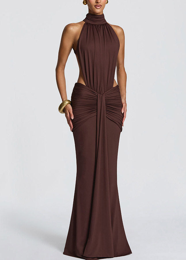 Halter Neck Sleeveless Cut Out Ruched Knot Front Mermaid Maxi Dress