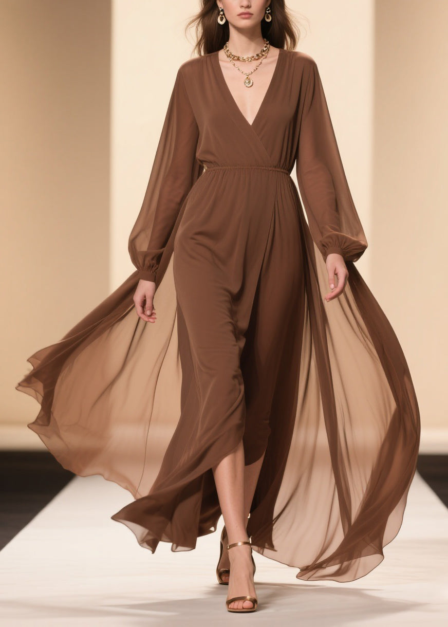 Coffee Wrinkled Solid Chiffon Maxi Dresses V Neck