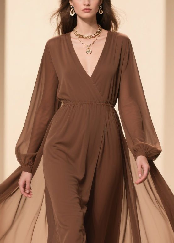 Coffee Wrinkled Solid Chiffon Maxi Dresses V Neck 2