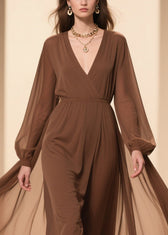 Coffee Wrinkled Solid Chiffon Maxi Dresses V Neck 2