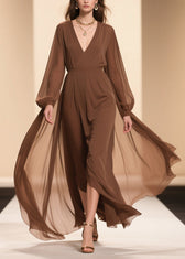 Coffee Wrinkled Solid Chiffon Maxi Dresses V Neck 3
