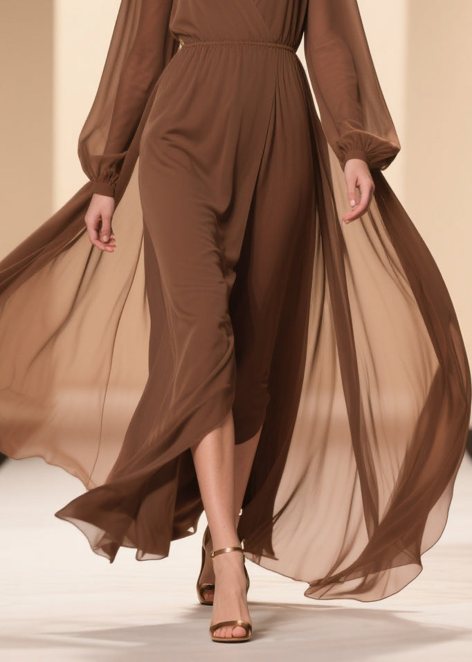 Coffee Wrinkled Solid Chiffon Maxi Dresses V Neck 4