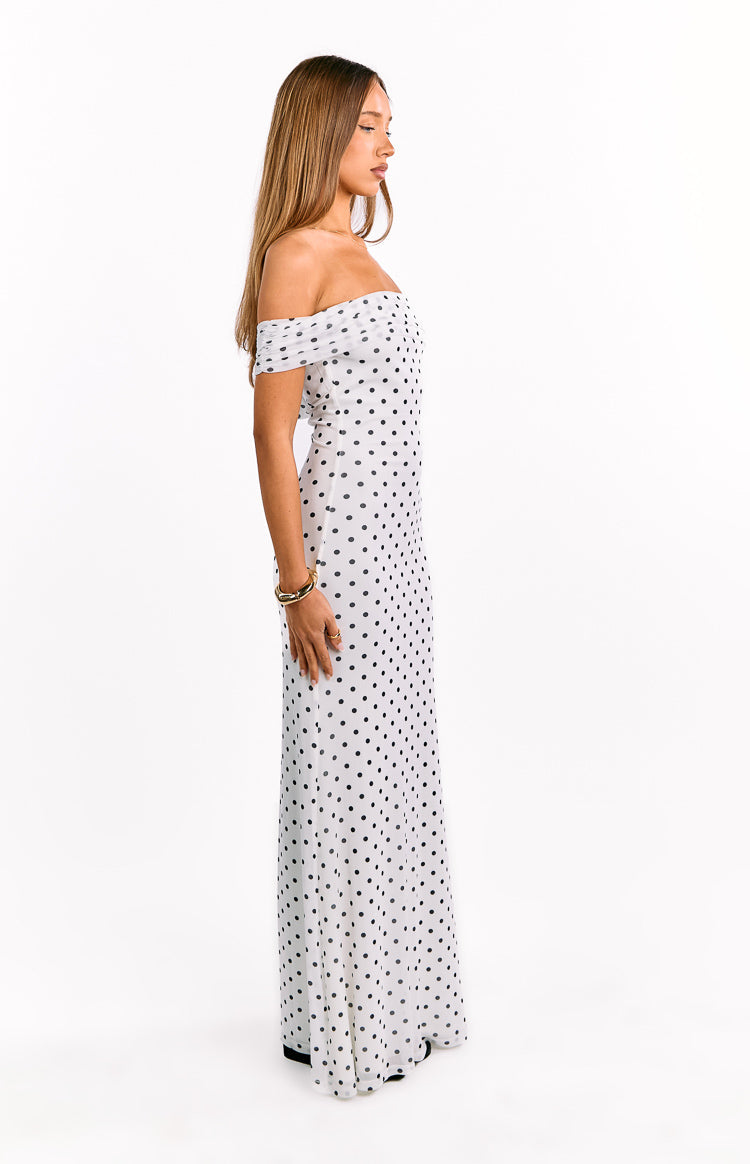 Polka Dot Mesh Off Shoulder Ruched Bodice Mermaid Maxi Dress 12