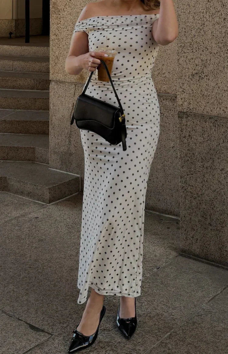 Polka Dot Mesh Off Shoulder Ruched Bodice Mermaid Maxi Dress 16