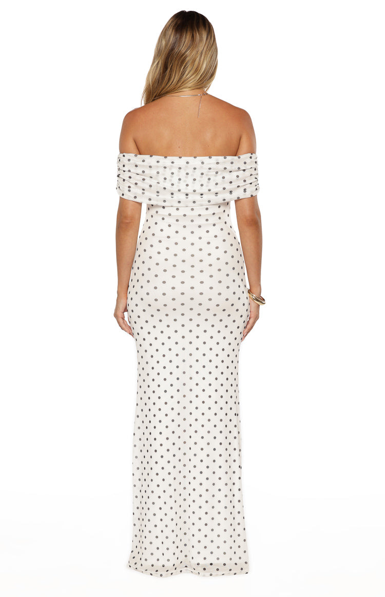 Polka Dot Mesh Off Shoulder Ruched Bodice Mermaid Maxi Dress 4