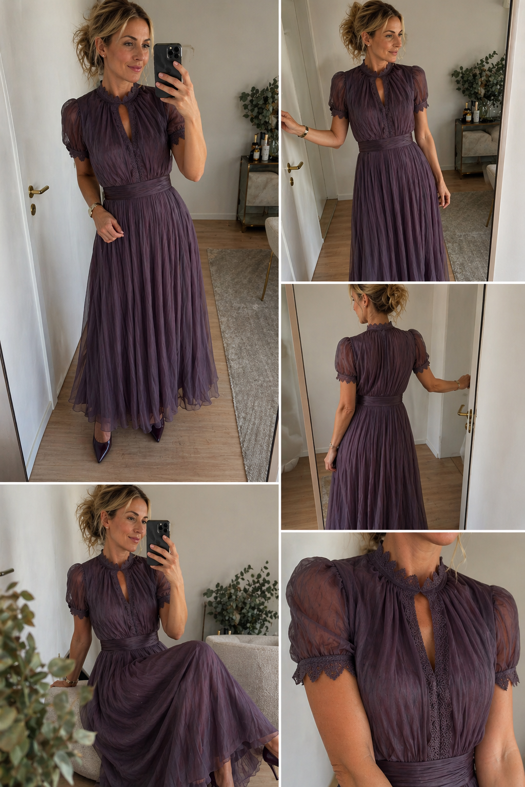Tulle High Neck Keyhole Puff Sleeve Pleated Maxi Dress
