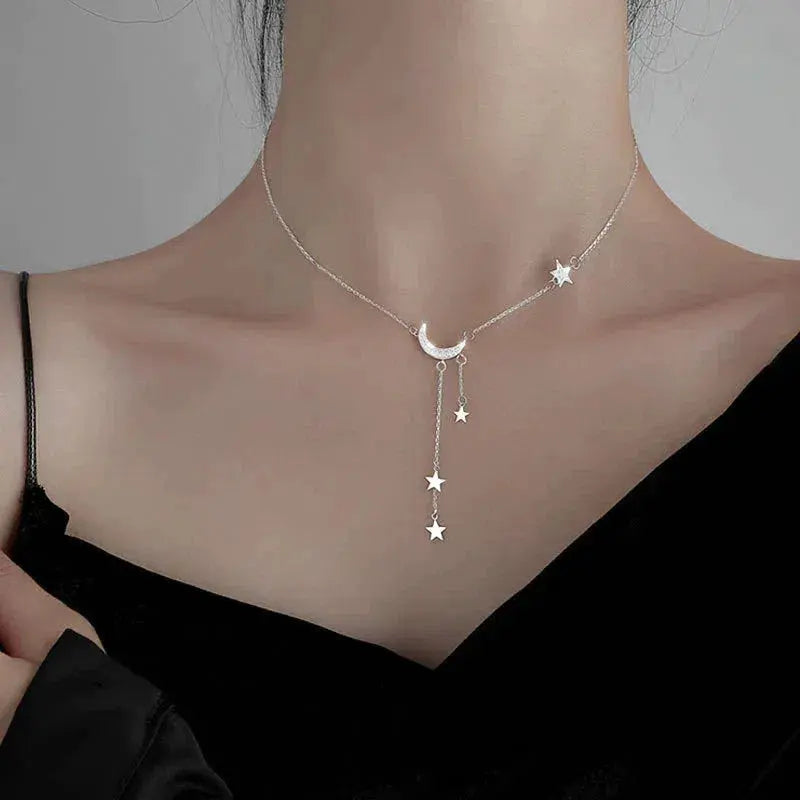 Moon and Star Tassel Pendant Chain Necklace