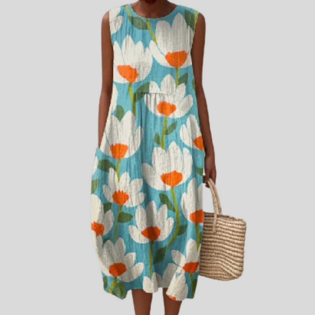 Floral Print Sleeveless Round Neck Midi Dress