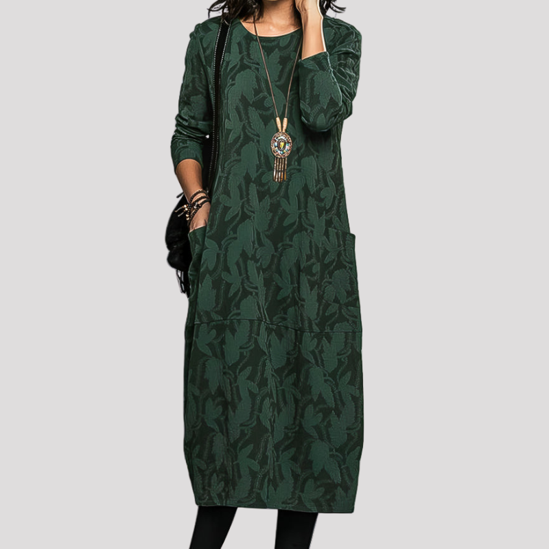 Leaf Jacquard Round Neck Long Sleeve Pocket Midi Dress